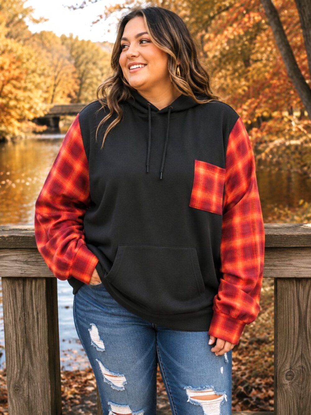 Upcycled Pullover Hoodie Patchwork Flannel Sweatshirt Red Plaid Plus Size XL-3X